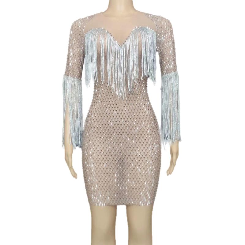 

Luxury Rhinestone Fringe Short Dresses for Women Half Sleeves Birthday Celebrate Outfit Women Nightclub DS Dance Show Dress, Black