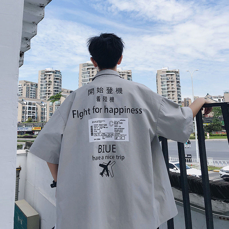 

Summer Short Sleeve Shirt Men Funny Letter Printed Casual Shirts Japan Style Flight for Happiness Loose Mens Streetwear Shirt, White