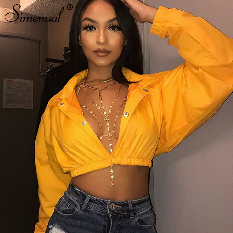 

Simenual Fashion 2020 Button Women Jackets Long Sleeve Autumn Casual Solid Outerwear Turn Down Collar Basic Slim Cropped Coats, Yellow