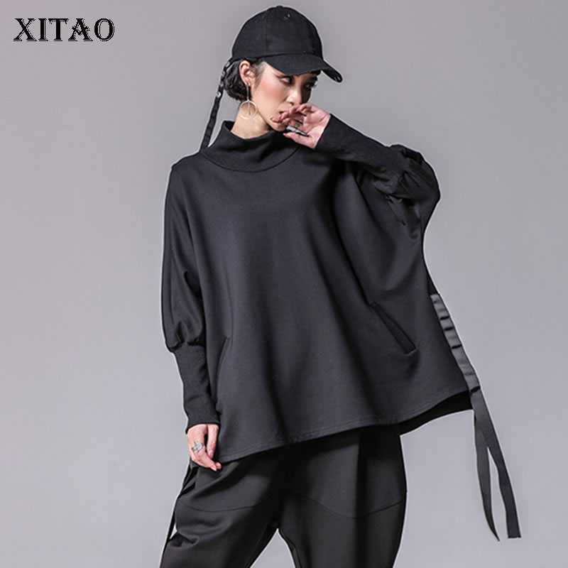 

XITAO Bandage Women T Shirts Plus Size Casual Batwing Sleeve Turtleneck Split Streetwear Women Clothes Korean 2020 New XWW2955, Black xww2955