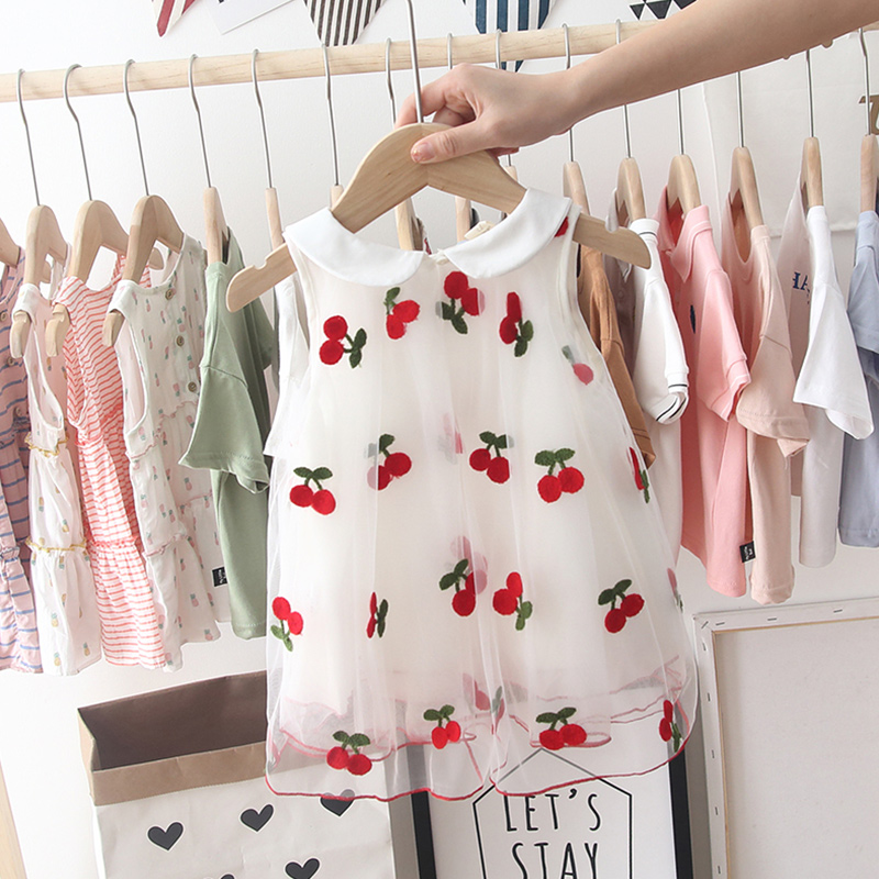 

Baby Girls 2020 Summer New Girls cute Dress Children Puffy Yarn Cherry Embroidery Princess Dress kids baby girl cloths, Beige