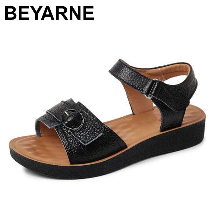 

BEYARNEnew summer genuine leather mother sandals flat non-slip comfortable shoes casual sandals women big size, Beige