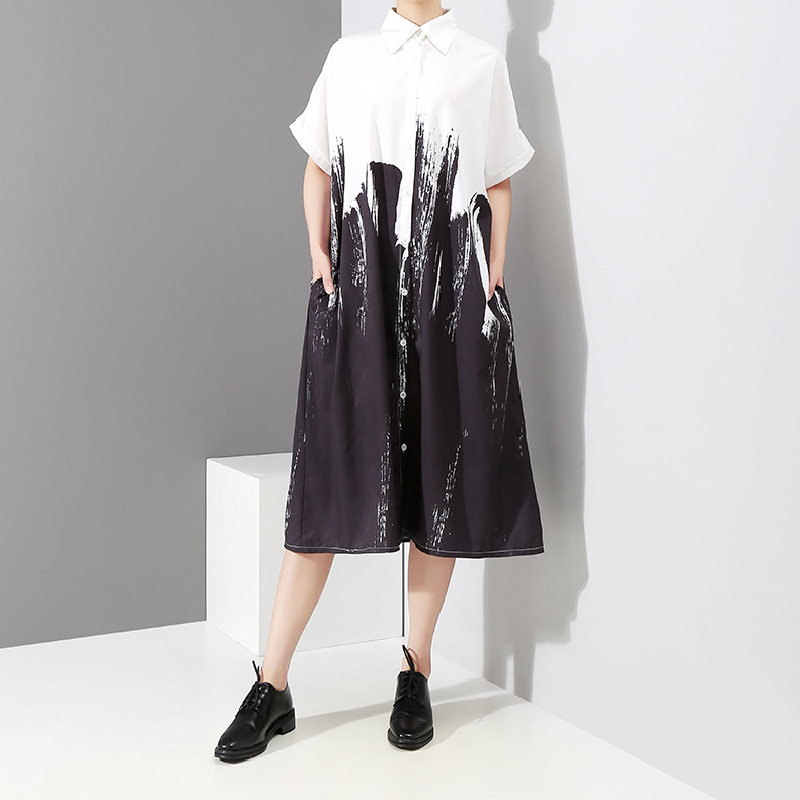 

2020 New Summer Women Fashion Casual Lapel Single-Breasted Loose Big Swing Female Commute Printing Stitching Shirt Dress, Black2