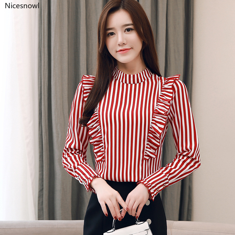 

casual ruffles spring autumn ladies tops fashion brand Women' Clothing long sleeve Shirts striped oversize camisa feminina new, Black