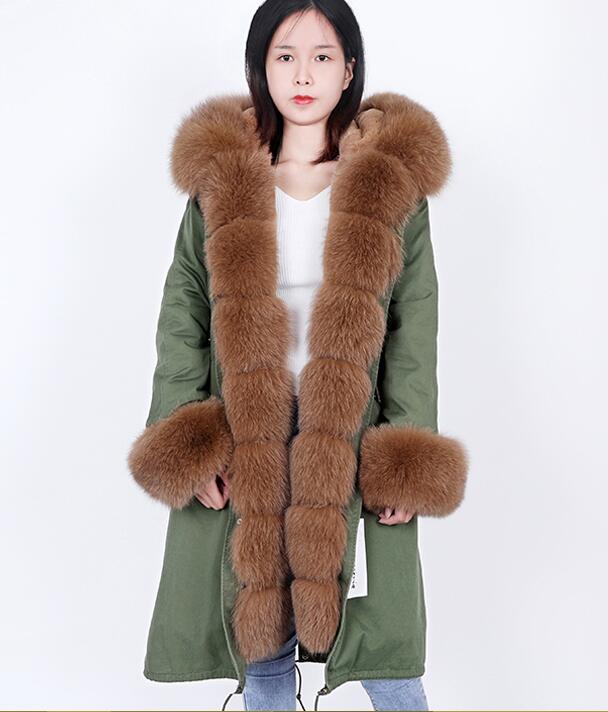

X-Long style brown fox fur Threshold trim women snow coats maomaokong brown fox and rabbit fur lining army green long parkas, Choose the model