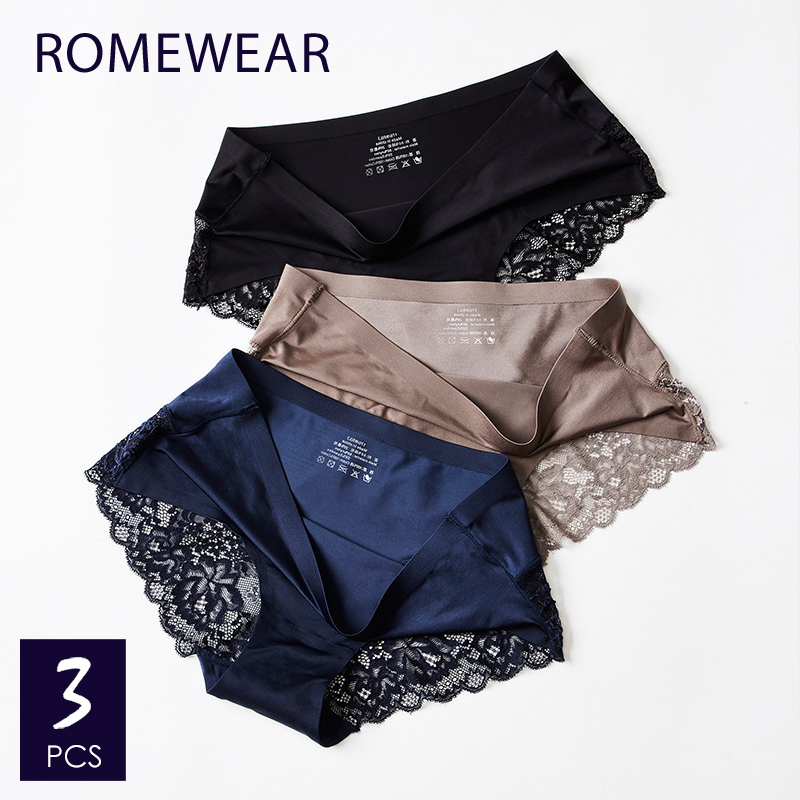

3 pcs Women's Seamless Underpants Lace Briefs Stretching Underwear Nylon Silk Transparent Bikini Lingerie Cotton Crotch Tanga, Random match 3pcs