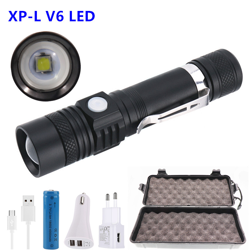 

Ultra Bright LED XP-L V6 LED lamp beads Waterproof Torch Zoomable 3 lighting modes Multi-function USB charging