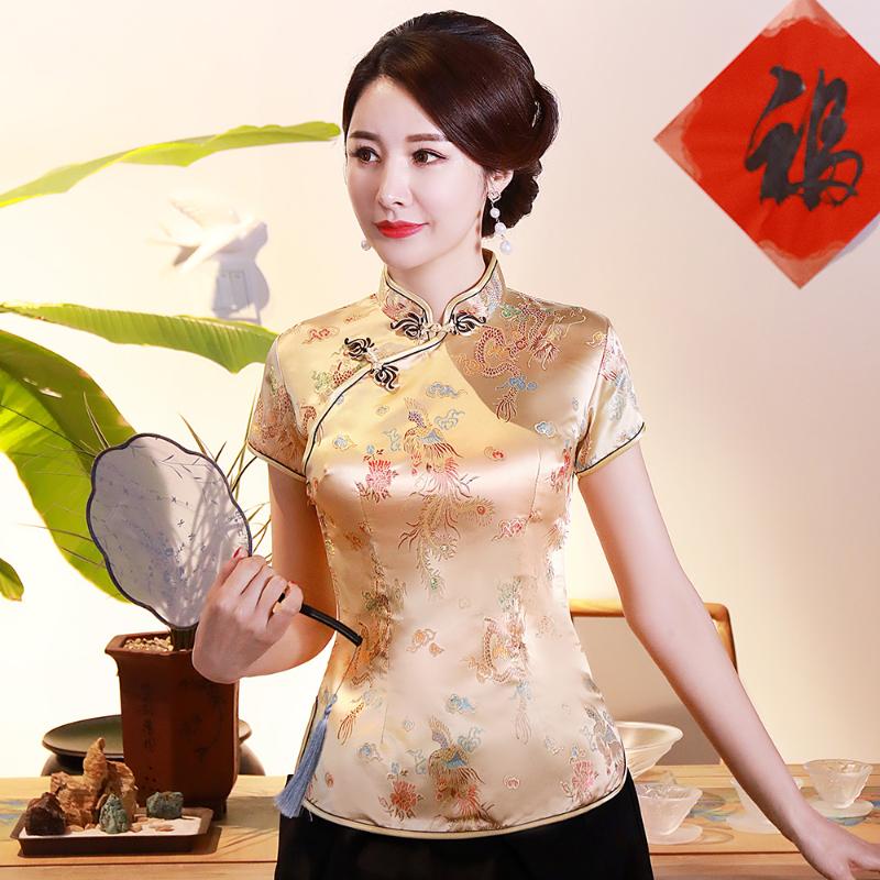 

Oversize 3XL 4XL Women Satin Shirt Summer Vintage Chinese Style Blouse Dragon Female Wedding Clothing Traditional Classic Tops, Black dragon