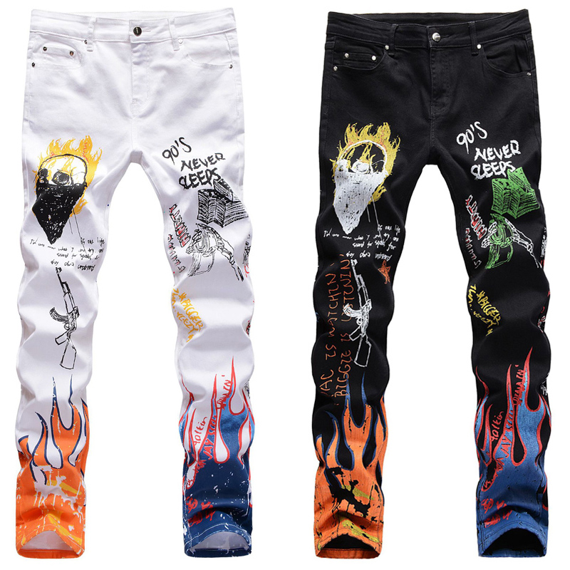

American Streetwear Fashion Men Jeans Elastic Slim Fit Hip Hop Jeans Men Punk Style Pencil Pants Printed Designer Homme, Black