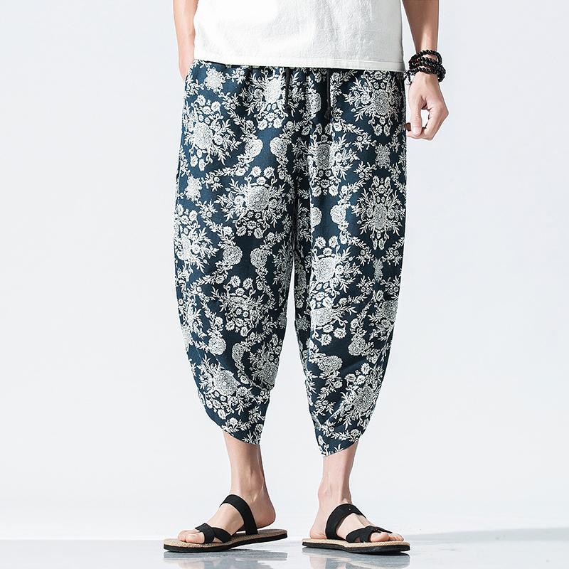 

Men Hip Hop 3/4 Harem Pants 2019 Summer Low Crotch Ethnic Style Elastic Waistline Loose Big Size Hiphop Cotton Linen Pants 5XL, Maple