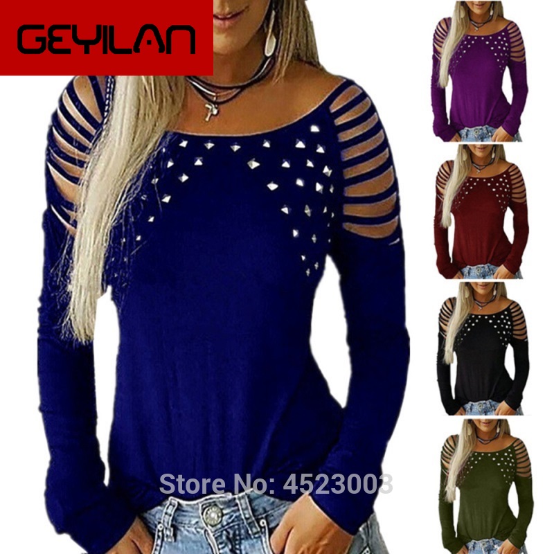 

Sexy Autumn Women T Shirt Solid Color Casual Loose Women O Neck Hollow-Out Studded Long Sleeve T Shirts Tops, Black