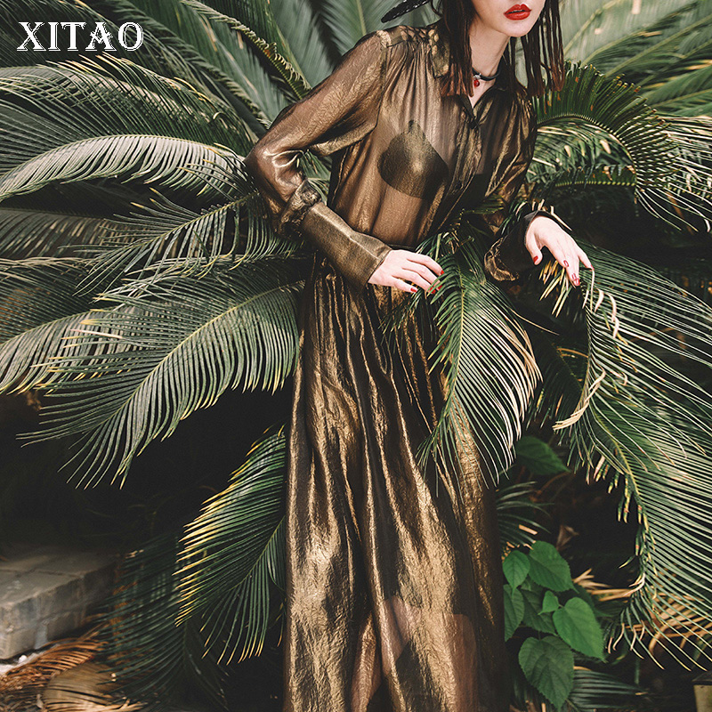 

XITAO Vintage Belt Perspective Chiffon Dress Women 2020 Autumn Fashion Trendy New Turn Down Collar Long Sleeve Button ZP1658, Gold zp1658