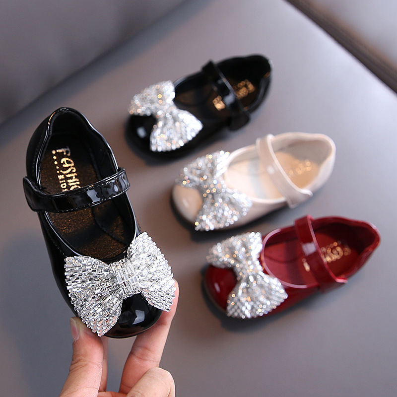 

Autumn Baby Girls Leather Shoes Bowknot Rhinestone Princess Shoes Children Dance Children, Black