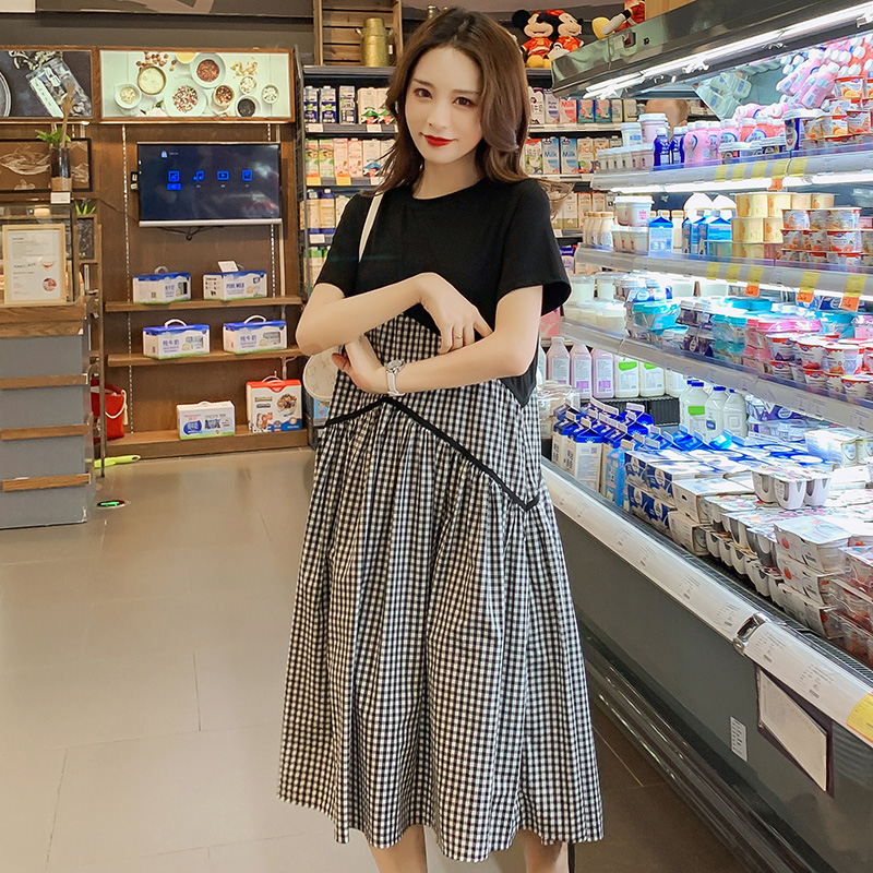 

Summer Pregnant Women Loose Dress Short Sleeve O-Neck Cotton Patchwork Patchwork Plaid Cotton Dress Maternity Preppy Style, Black