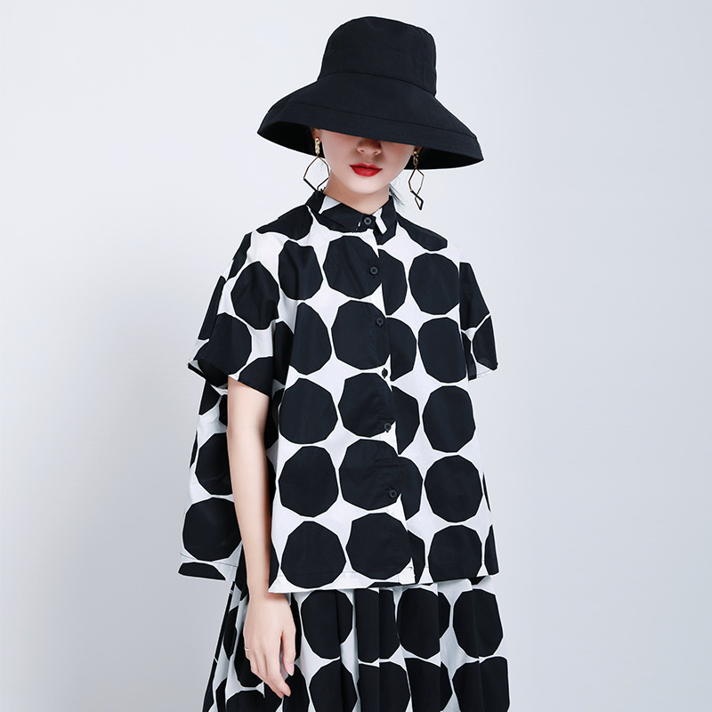 

Women Big Size Blouse Black Big Dot Printed New Lapel Short Sleeve Loose Fit ShirtOL Blouse Spring Fashion Elegant Clothing, Cnl063