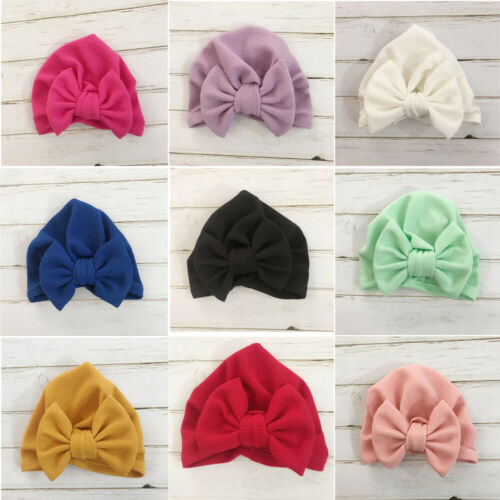 

Cute Unisex Baby Girl Turban Bow Knot Head Wrap Pure Color Hat Cap Soft Cloth Solid Candy Color Hats Gift, White