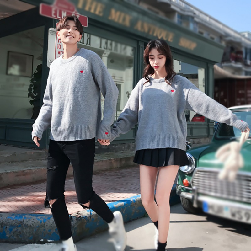 

Cute Heart Shape Pattern Sweaters Casual Men Woman Thick Warm Pullovers Clothes 2020 2 Colors Knitted Couple Sweater