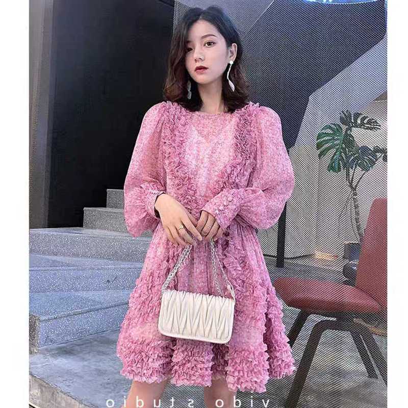

Purple Floral Dress Autumn Female Lantern Long Sleeve Ladies Chiffon Mini Korean Fashion Elegant Runway Party Womens Dress 2020