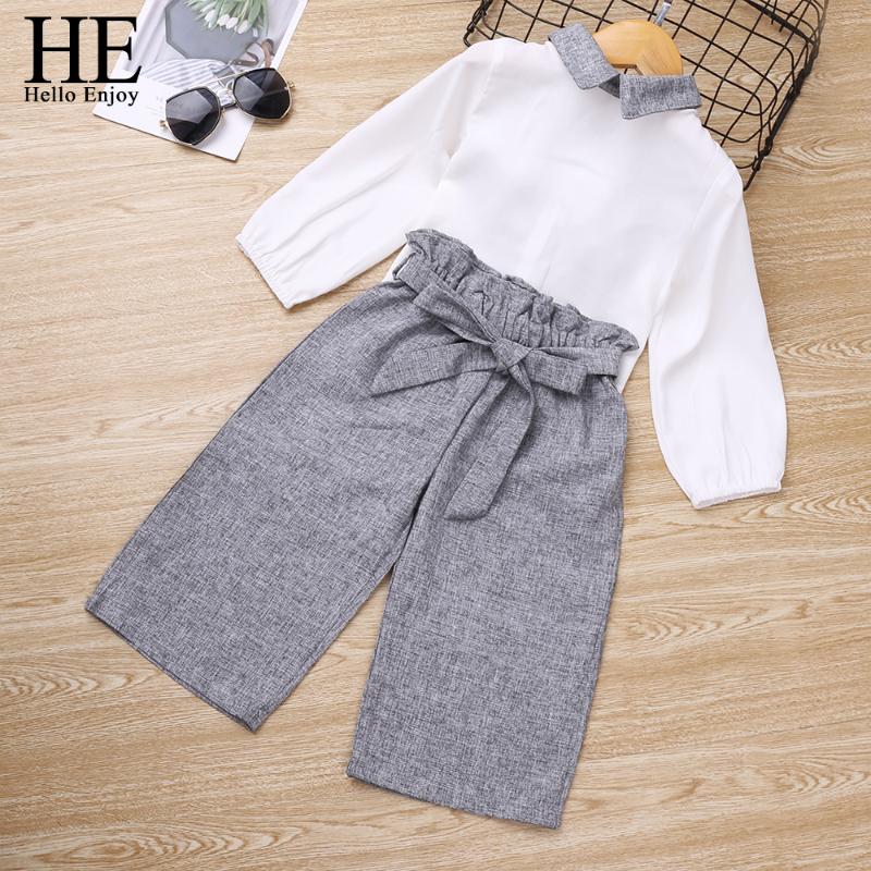 

HE Hello Enjoy Baby Girls Autumn Clothing Sets 2020 New Fashion Clothes Long Sleeve Chiffon Shirt +Bow-Tie Pants Kids Outfits, Atz099