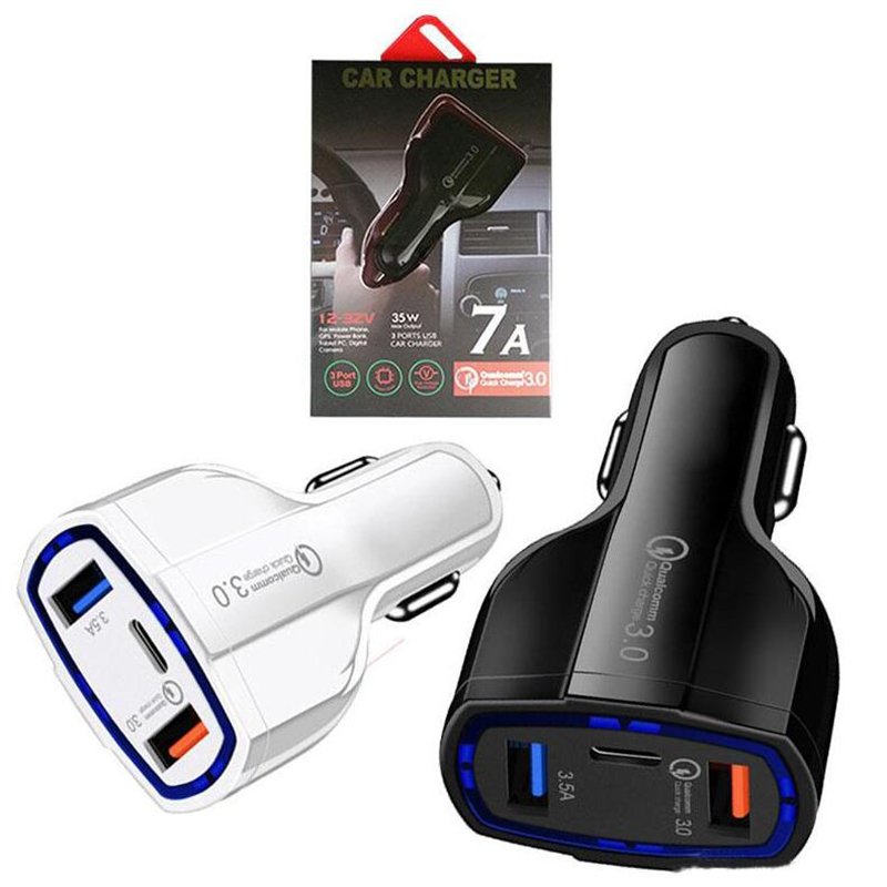 

QC 3.0 Car Charger Type C 35W 7A Fast Charger Dual USB Charger Quick Charging Plug 3 Ports Adapter with retail package