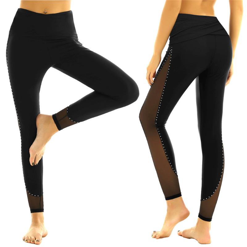 

TiaoBug Women Shiny Rhinestones Mesh Splice High Waist Ballet Tights Leggings Workout Yoga Sports Pants Performance Dance Wear, Black