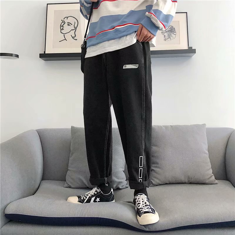 

Hong Kong style ins jeans men' loose straight drop wide leg pants Korean version trend wild handsome student casual pants, C158gc-gray