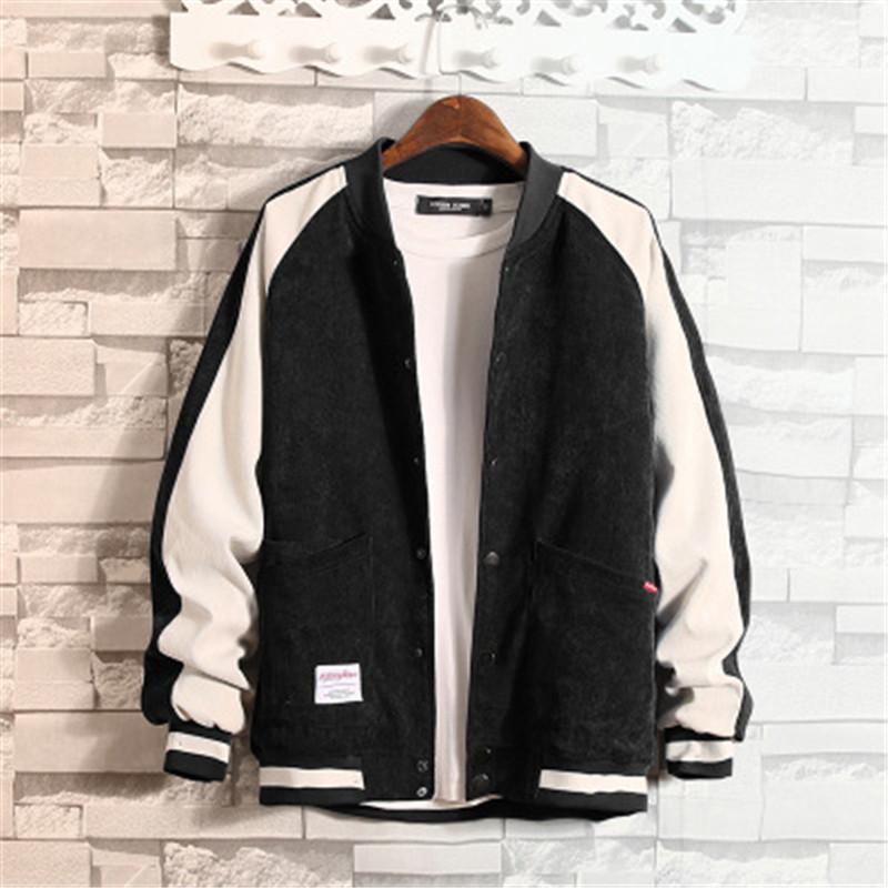 

Man Korean Corduroy Jacket Coats Fashion Trend Long Sleeve Loose Baseball Collar Colorblock Coat Designer Male Button Pocket Outerwear, Black