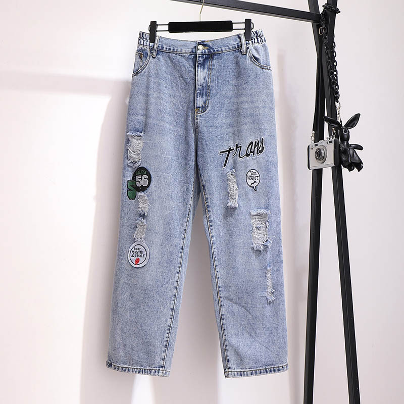 

Summer jeans women plus size waist 111-145cm hip 154cm  6XL 7XL 8XL 9XL loose hole patch letter casual pants women blue color