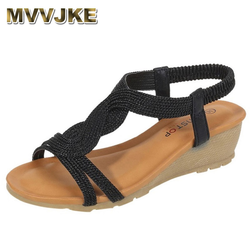 

MVVJKE New Style Elevator Shoes Lightweight Slip-on Sandals Embroidered Casual Golden Lines Elastic Fashion Women Wedge Heels, Black