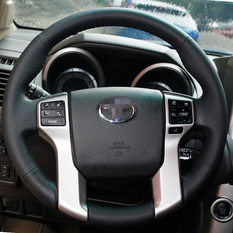 Hand-stitched Black Leather Steering Wheel Cover for Toyota Land Cruiser Prado-image-554376775