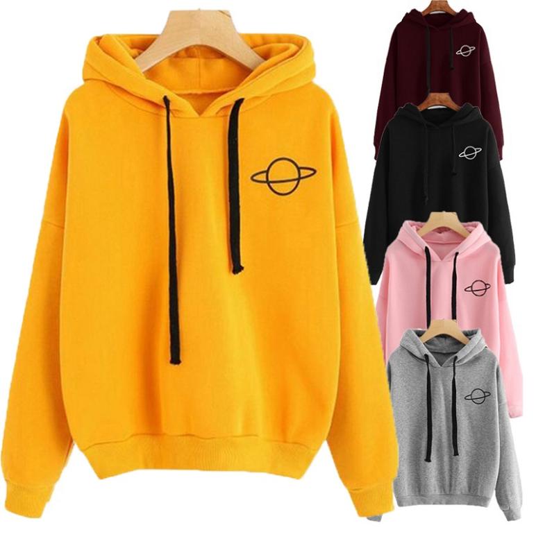 

2020 New Women Hoodies Planet Coat Casual Solid Loose Drawstring Sweatshirt Fashion Long Sleeve Hooded Autumn Female Pullover, Black