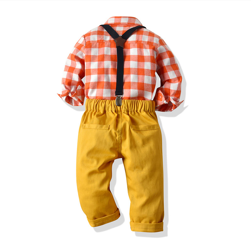 

Boys Clothes Sets 2020 Spring Autumn Plaid Long-Sleeved Shirt + Belt Pants + Bow Tie 3Pcs Toddler Kids Clothes For 1-5Y, 1454 orange