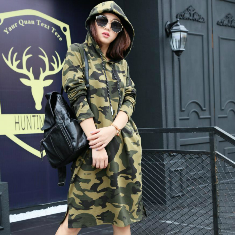 

Camouflage Hoodie Sweatshirt Dress 2020 Spring Autumn Japanese Hoodies Ladies Side Split Hooded Long Coat with Lace-up, Army green