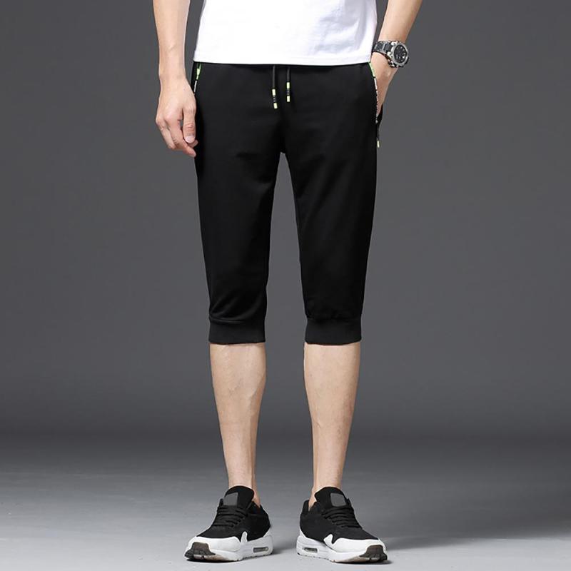 

Men Casual Breathable Drawstring Zipper Pockets Sports Capri Pants Trousers Summer New Fashion Thin section Pants Men Trouser, Black