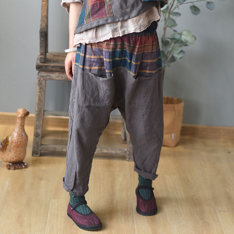 

Johnature Women Linen Harem Pants Elastic Waist Vintage Patchwork Trouser 2020 New Summer Loose Casual Female Pants, Blue