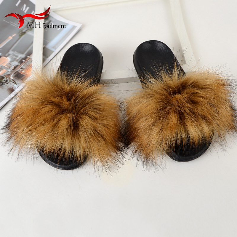

Summer faux fur slippers women indoor fluffy plush flat shoes artificial raccoon fur slides outdoor casual beach sandals, Beige