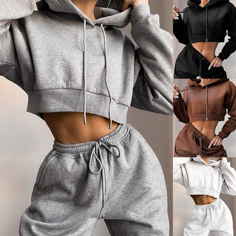 

Casual Two Piece Set Hoodie Solid Color Short Tops And Long Pants Loose 2 Piece Set Women Fashion Sexy Sport Female Outfits, White