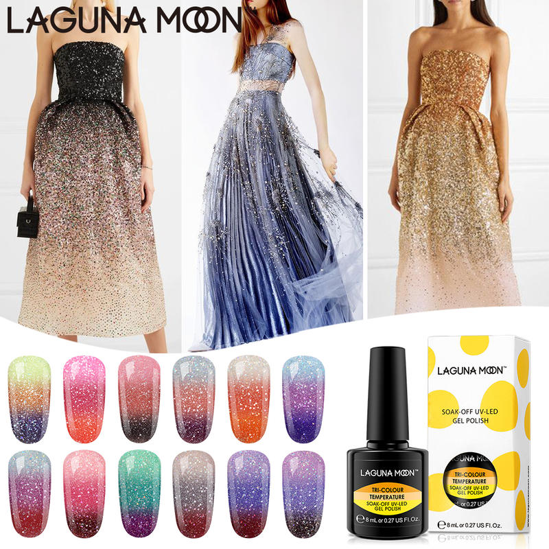 

LAGUNAMOON Tri-Color Temperature Change Neon Gel Polish UV LED Soak Off Varnish Lacquer Manicure Pedicure Nail Arts 8ML, Trl05