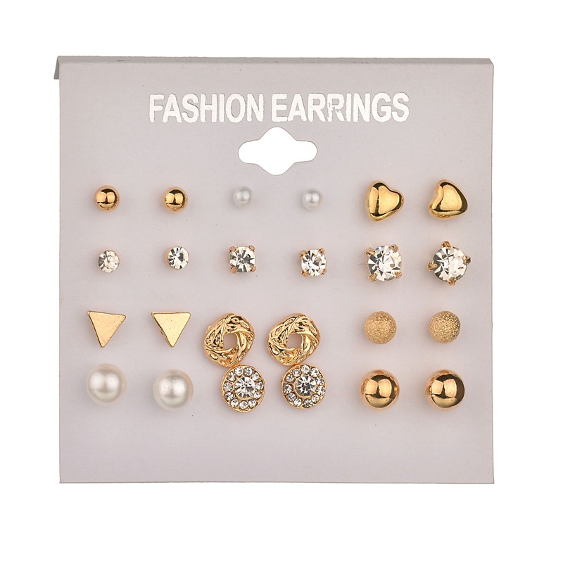 

12 pairs/Set Geometric Heart Crystal Stud Earrings for Women Piercing Imitation Pearl Earrings Set Bride Party Gift