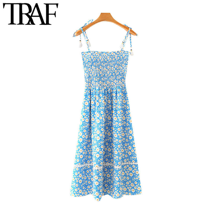

TRAF Women Chic Fashion Floral Print Elastic Smocked Midi Dress Vintage Patchwork Tassel Tied Straps Female Dresses, As picture