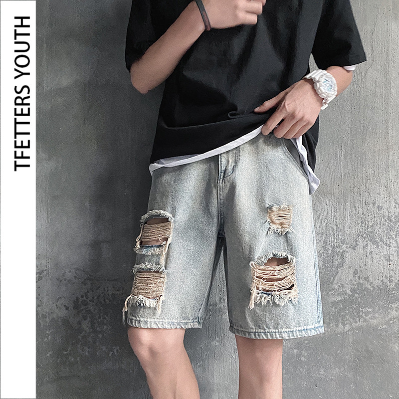 

TFETTERS 2020 New Summer Men Jeans Ripped Retro Fashion Casual Slim Fit Knee-Length High Quality Old Hole Mens Jeans Brand, Vintage blue jeans