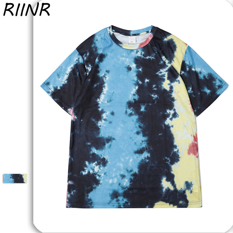 

Riinr Men' 2020 Spring And Summer New Trend Street Color Irregular Tie-dye Loose Casual Men' T-shirt, As shown