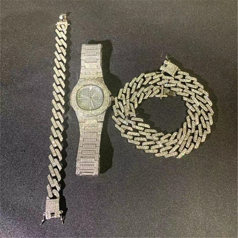 

Hip Hop Necklace +Watch+Bracelet Bling Iced Out Miami Zircon Cuban Full Pave Rhinestone Men Bracelet Necklace For Men Jewelry