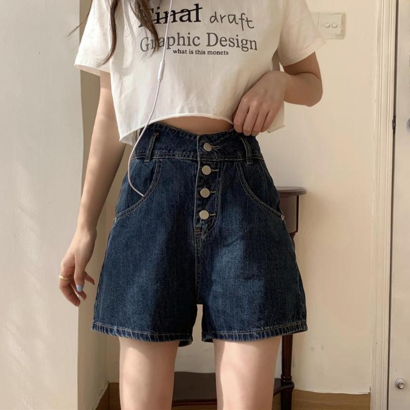 

South Korea version of summer thin material multi-breasted high-waisted high-waisted jeans women slimming wide-leg shorts, Dark blue