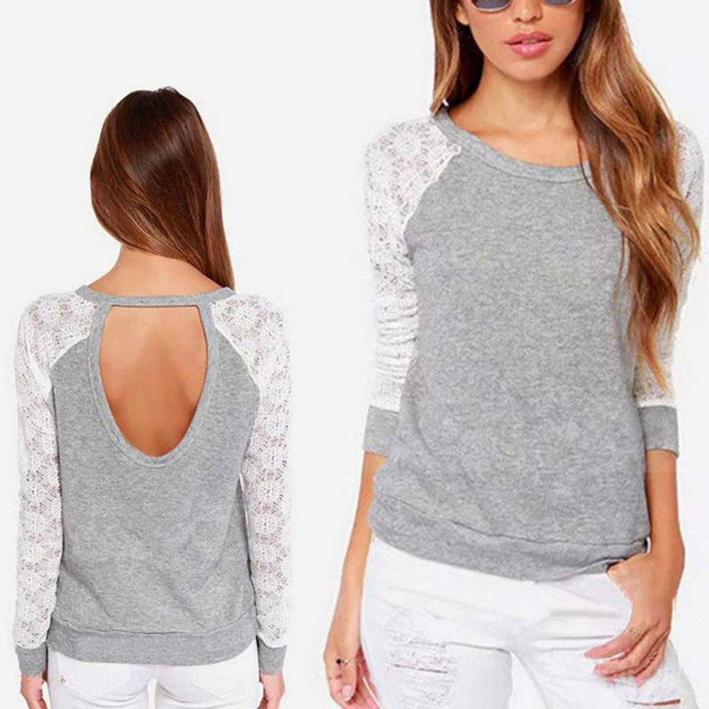 

Women Back Hollow Out Lace T-shirt Autumn Raglan Sleeve Splicing Tops Back Hole Backless O-Neck Long Sleeve Slim Lace T-Shirt, Gray
