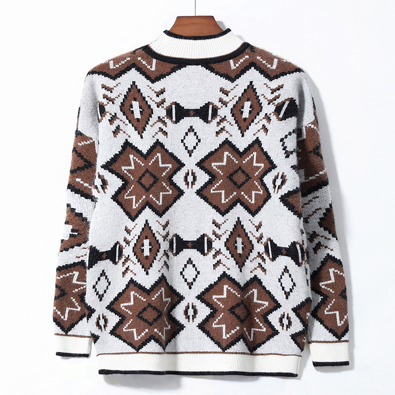 

Mosaic style knitted sweater new autumn winter clothing national wind sweater jacquard round neck pullover base, Black