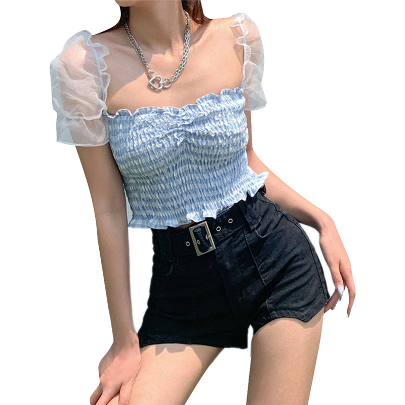 

Women' Puff Short Sleeve Top, Cute Square Neck Frill Smocked Crop Top Plaid T-Shirt