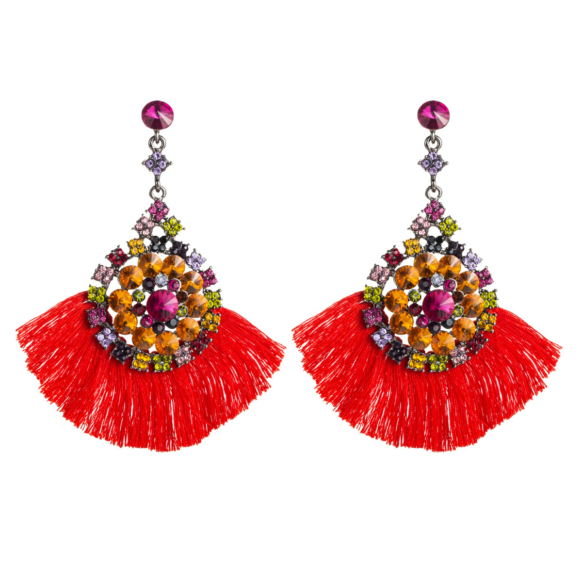 

Multi-layer acrylic diamond round flower tassel earrings fashionable girl temperament bohemian style