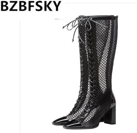 

Leather mesh boots women's cool boots summer lace-up mesh hollow sandals high-heeled lace sexy thick heel tube