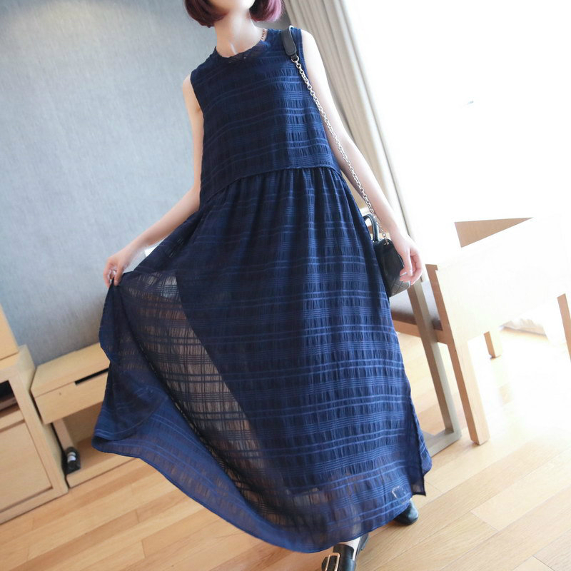 

Cotton Linen Blue Sundresses Woman Sleeveless Oversized Ruched Maxi Dresses for Women Fashion Elegant Summer Dresses for Women